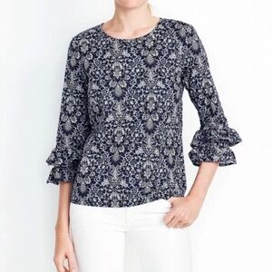 J. Crew Women’s Double Ruffle-Sleeve Top Navy Floral Size 10 Style G7563